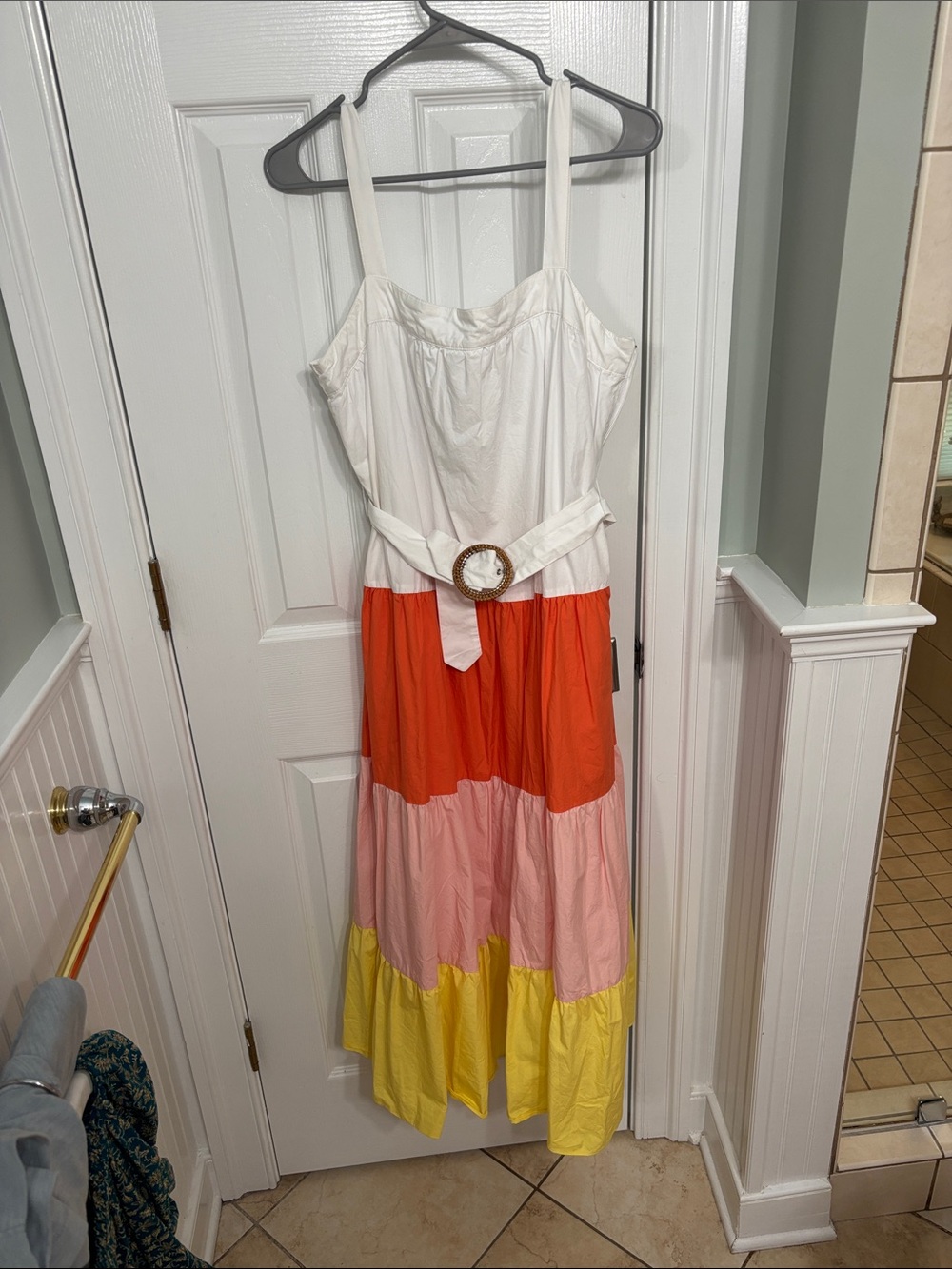 Colorblock Tiered Sundress with Belt - White, Orange, Pink, Yellow Endless Rose